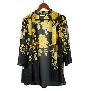 Susan Graver Sheer Floral Kimono Cardigan Jacket XS Black & Yellow